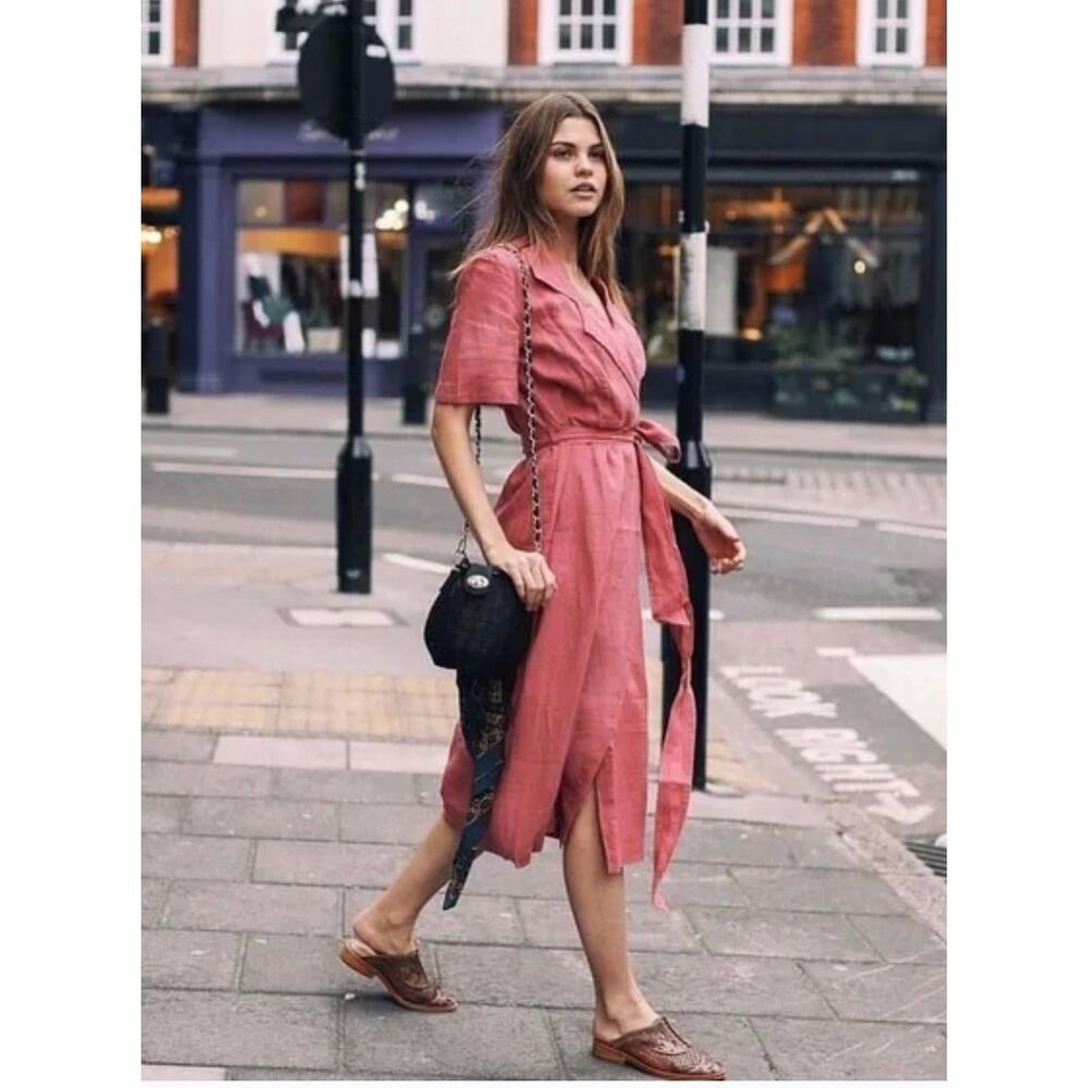 Free People Klara Solid Wrap Midi Linen Dress Size‎ XS Pink